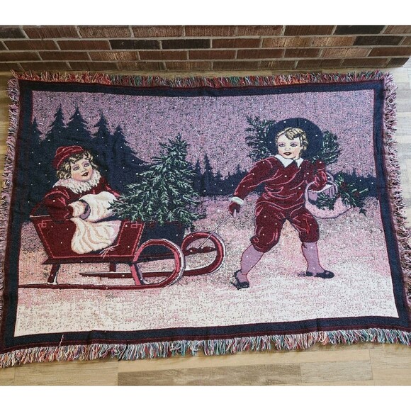 Christmas Sledding Children Woven Victorian Tapestry Throw W/Fringe 68"x49" Gift - Picture 3 of 13